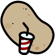A potato drinking out of a red and white striped cup with a straw.