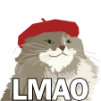 A graphic of a cat wearing a beret and the text "LMAO;" a play on "le meow" sounding like lmao spoken as a word.